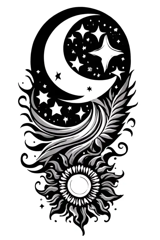 filipino tribal sun and moon surrounded by stars tattoo design idea