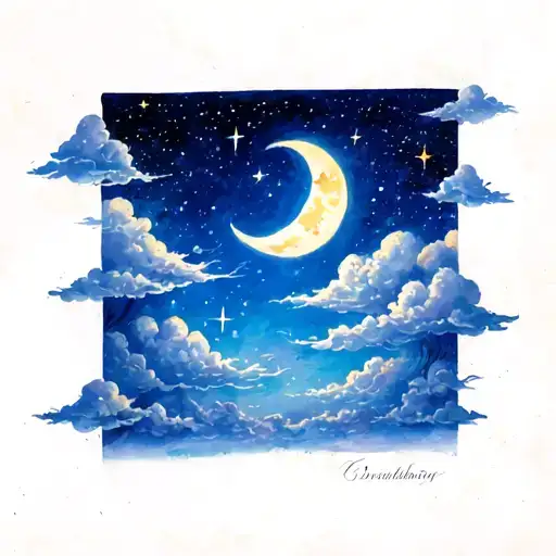 blue sky with stars and clouds and a moon tattoo design idea