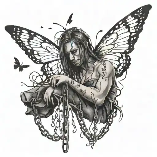 A powerful image of a person breaking free from chains, symbolizing overcoming domestic violence, with a butterfly flying out of the broken chains tattoo design idea