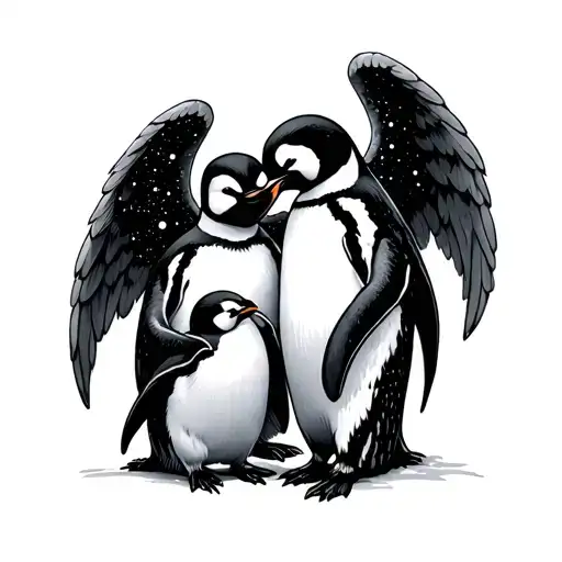 angels watching over a baby, penguins family, universe tattoo design idea