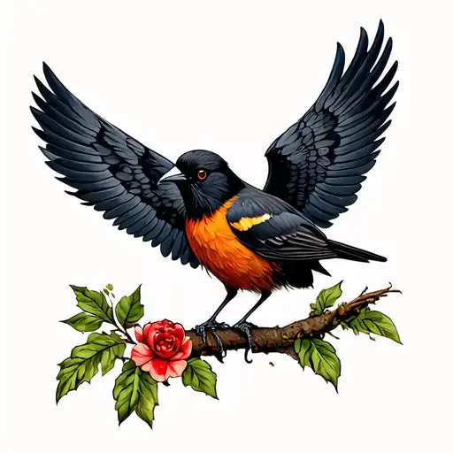traditional style redwing blackbird with open wings tattoo design idea