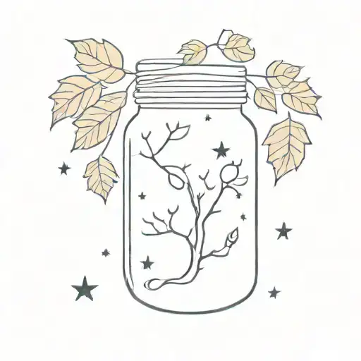 night sky in a jar surrounded by fall leaves falling tattoo design idea