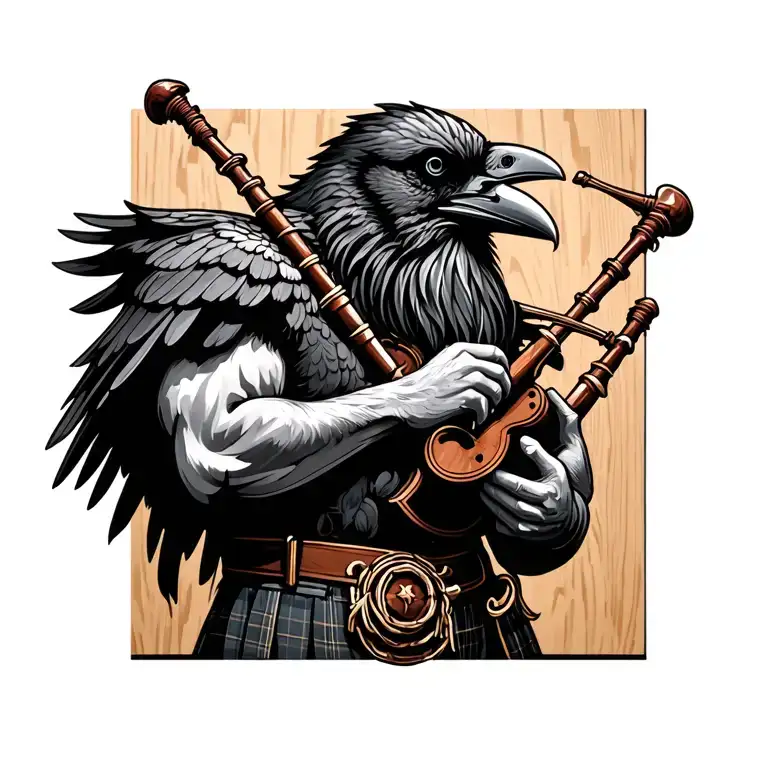 designs on wood carving crow muscular  bagpiper playing the bagpipes baldblack beard tattoo design idea