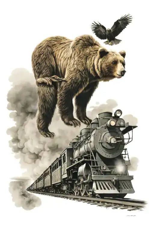 Incorporate a grizzly bear climbing the front of a train traveling on train tracks in Alaska with a bald eagle nearby  tattoo design idea