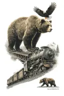 Incorporate a grizzly bear climbing the front of a train traveling on train tracks in Alaska with a bald eagle nearby  tattoo design idea