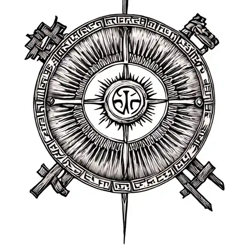 ancient greek shield circlr.with armenian symbol suncross. and in the middle the inscription "vivere militare est "  tattoo design idea