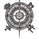 ancient greek shield circlr.with armenian symbol suncross. and in the middle the inscription "vivere militare est "  tattoo design idea