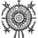 ancient greek shield circlr.with armenian symbol suncross. and in the middle the inscription "vivere militare est "  tattoo design idea