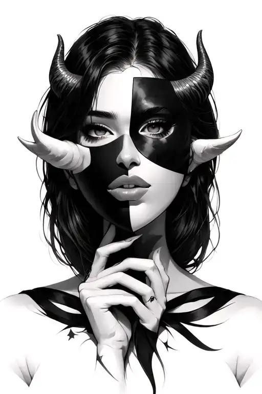 beautiful women with small horns holding half omni mask in her hand slightly covering the bottom of her face  tattoo design idea