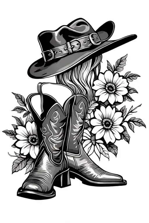 cowgirl boots and hat with flowers blooming tattoo design idea