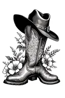 cowgirl boots and hat with flowers blooming tattoo design idea