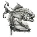 A fish on a hook on a pier in the middle of the forest tattoo design idea