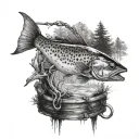 A fish on a hook on a pier in the middle of the forest tattoo design idea