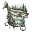 A fish on a hook on a pier in the middle of the forest tattoo design idea