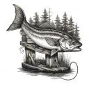 A fish on a hook on a pier in the middle of the forest tattoo design idea