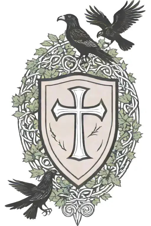 Rooker Family Crest with a celtic cross in a circle as a shield surrounded by cedar trees with  6 Crows tattoo design idea