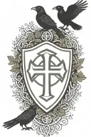 Rooker Family Crest with a celtic cross in a circle as a shield surrounded by cedar trees with  6 Crows tattoo design idea