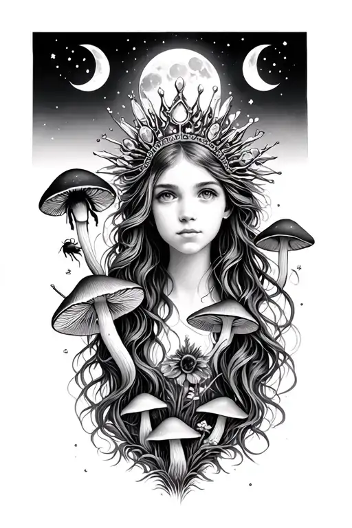 girl with long hair, crystal crown, moon phases, sun, mushrooms, a bumble bee tattoo design idea