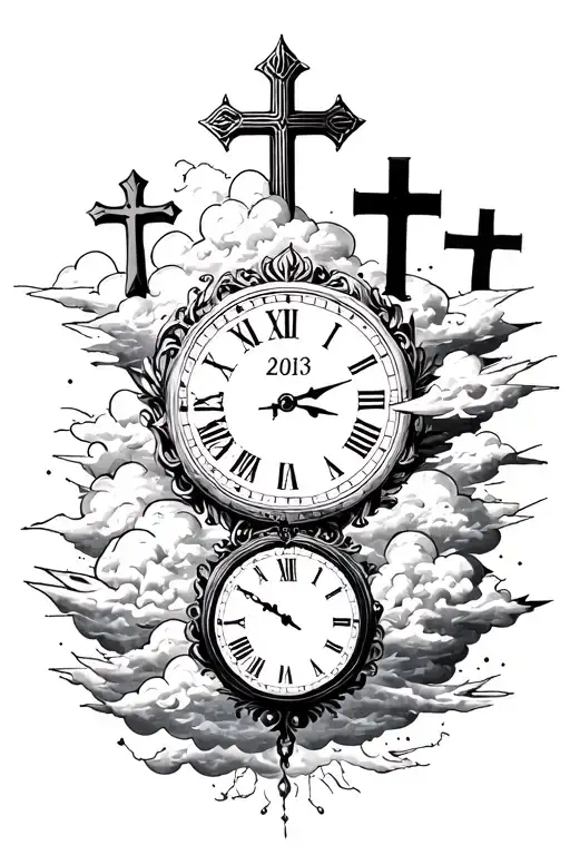 3 crosses at the top a clock in the middle and at the bottom 2013 with a cloud outline on 2013 and the clock tattoo design idea