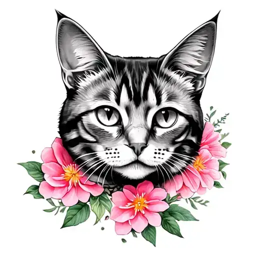cat head and pink blooming tattoo design idea
