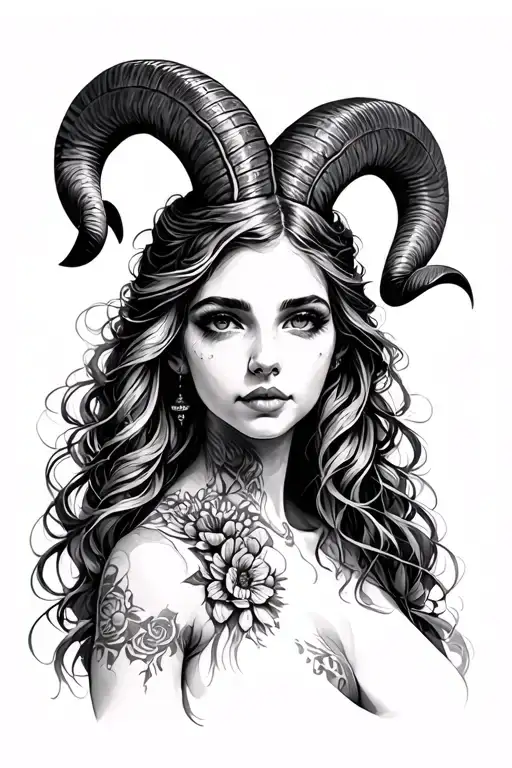 woman with ram horns tattoo design idea