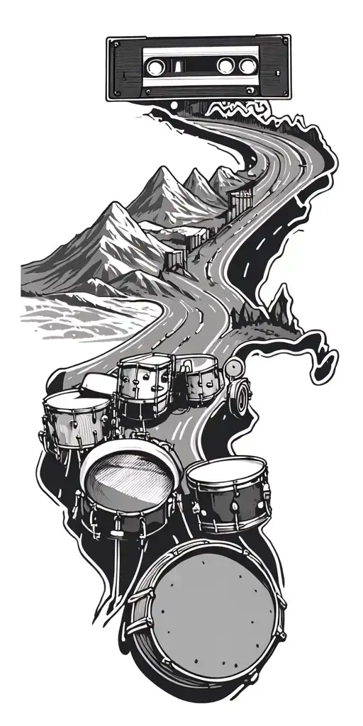 map with landmarks with road, mountains, trex fire truck, fast car drum set, cassette tape tattoo design idea