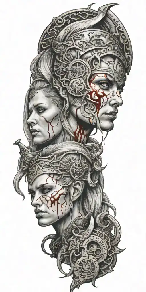 multiple viking women bloody tattoo design idea