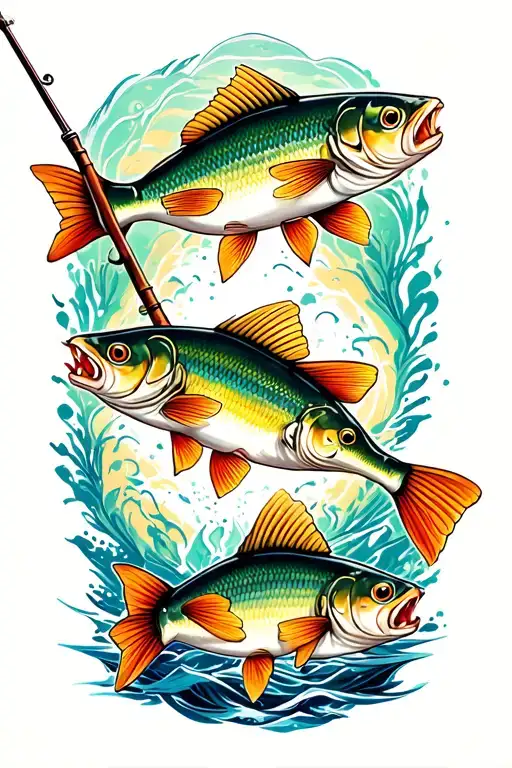 Fish rod with 3  caught fish tattoo design idea