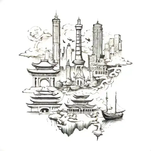 A refined tattoo design featuring iconic landmarks from five cities: Boston, Leeds, Coventry, Beijing, and Qingdao. Repr tattoo design idea