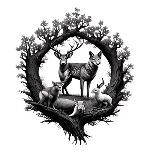 quail, pheasant, rabbit, fox, jackal, roedeer, whild boar and wolf in the oak foresr ambient tattoo design idea