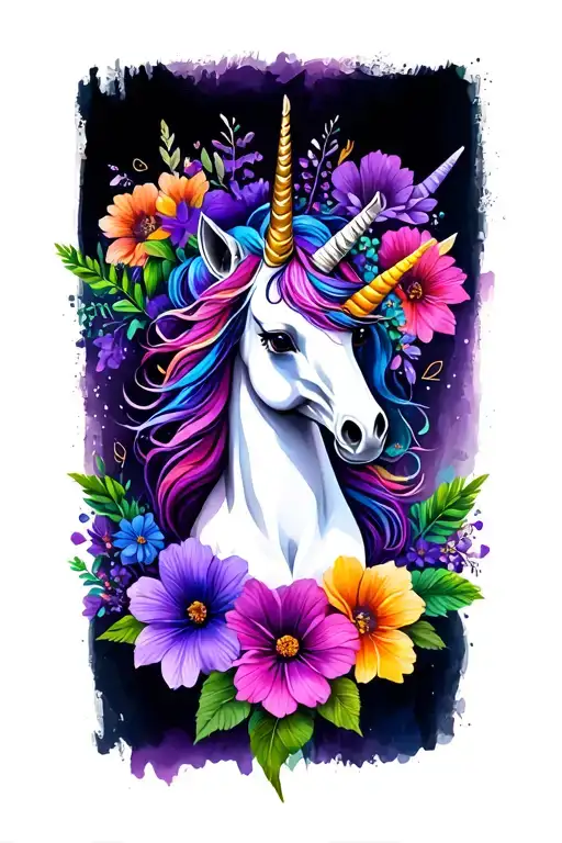 unicorn, colorful, purple, flowers, autism, memorial tattoo design idea