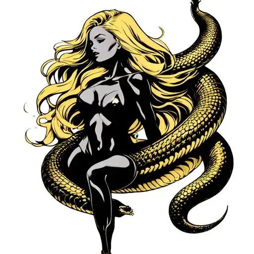 Full body pinup girl with long blonde hair that becomes a golden cobra tattoo design idea