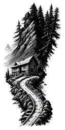 Mountain cabin and rail winding road leading tattoo design idea