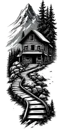 Mountain cabin and rail winding road leading tattoo design idea