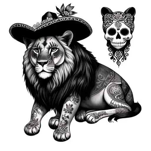 Mexican sugar skull woman, in traditional German clothes with a lioness sitting beside her tattoo design idea