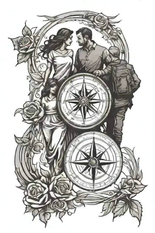 family silhouette walking with rose and compass tattoo design idea