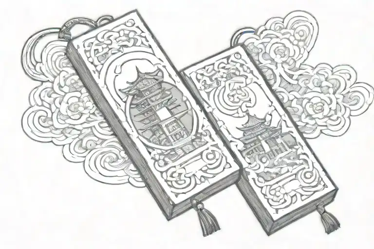 a pagoda coming out in third dimension from the paper omamori charm tattoo design idea