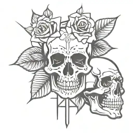 skull and rose and cross and Latin tattoo design idea