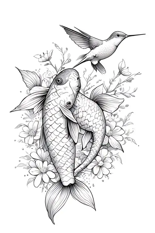 two koi fish, wildflowers and a hummingbird tattoo design idea