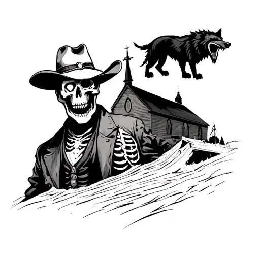 Skeleton cowboy in the harbor of a church with an angry black wolf above with a scar on his white eye and a normal one tattoo design idea