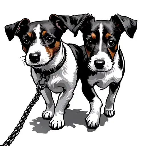 2 jack Russell terriers walking on leash together from behind tattoo design idea