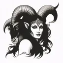 frontview of a beautiful goddess with Long black Hair and Aries ram on her head tattoo design idea