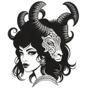 frontview of a beautiful goddess with Long black Hair and Aries ram on her head tattoo design idea