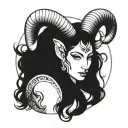 frontview of a beautiful goddess with Long black Hair and Aries ram on her head tattoo design idea