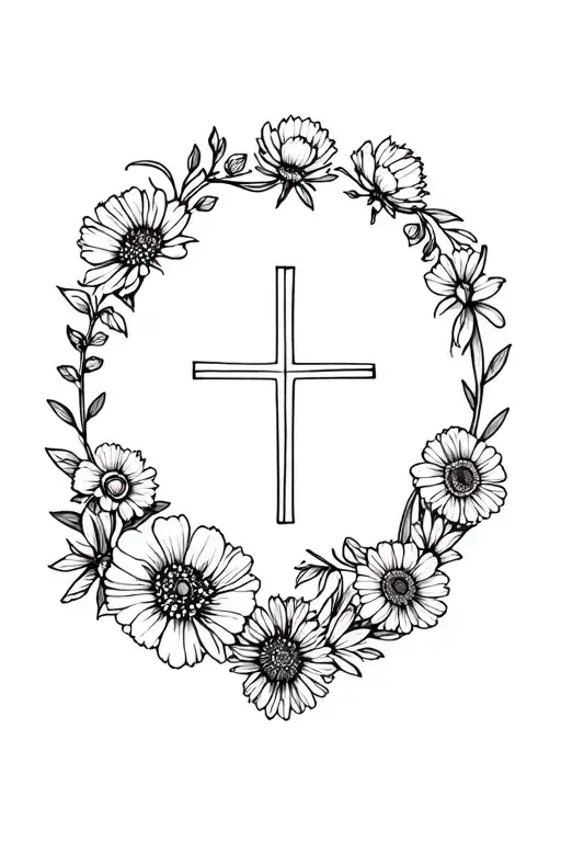 Carnation, Sweet Pea, Poppy, Aster, AND Chrysanthemum bouquet arrangement around a simple cross in the middle tattoo design idea