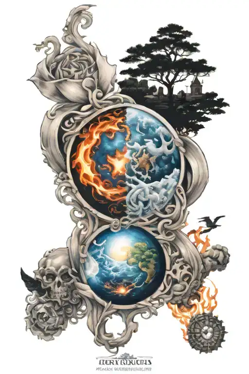 Fire earth and air elements intertwined family tattoo design idea