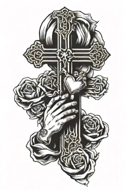 Cross with Rosery praying hands holding a heart tattoo design idea