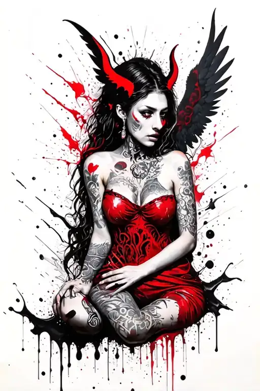 half angel (female) half devil (female) tattoo design idea