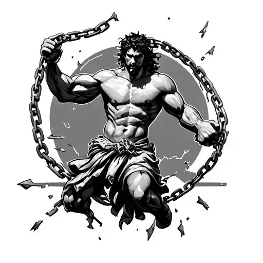 Samson breaking free from chains and breaking the pillars tattoo design idea