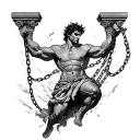 Samson breaking free from chains and breaking the pillars tattoo design idea